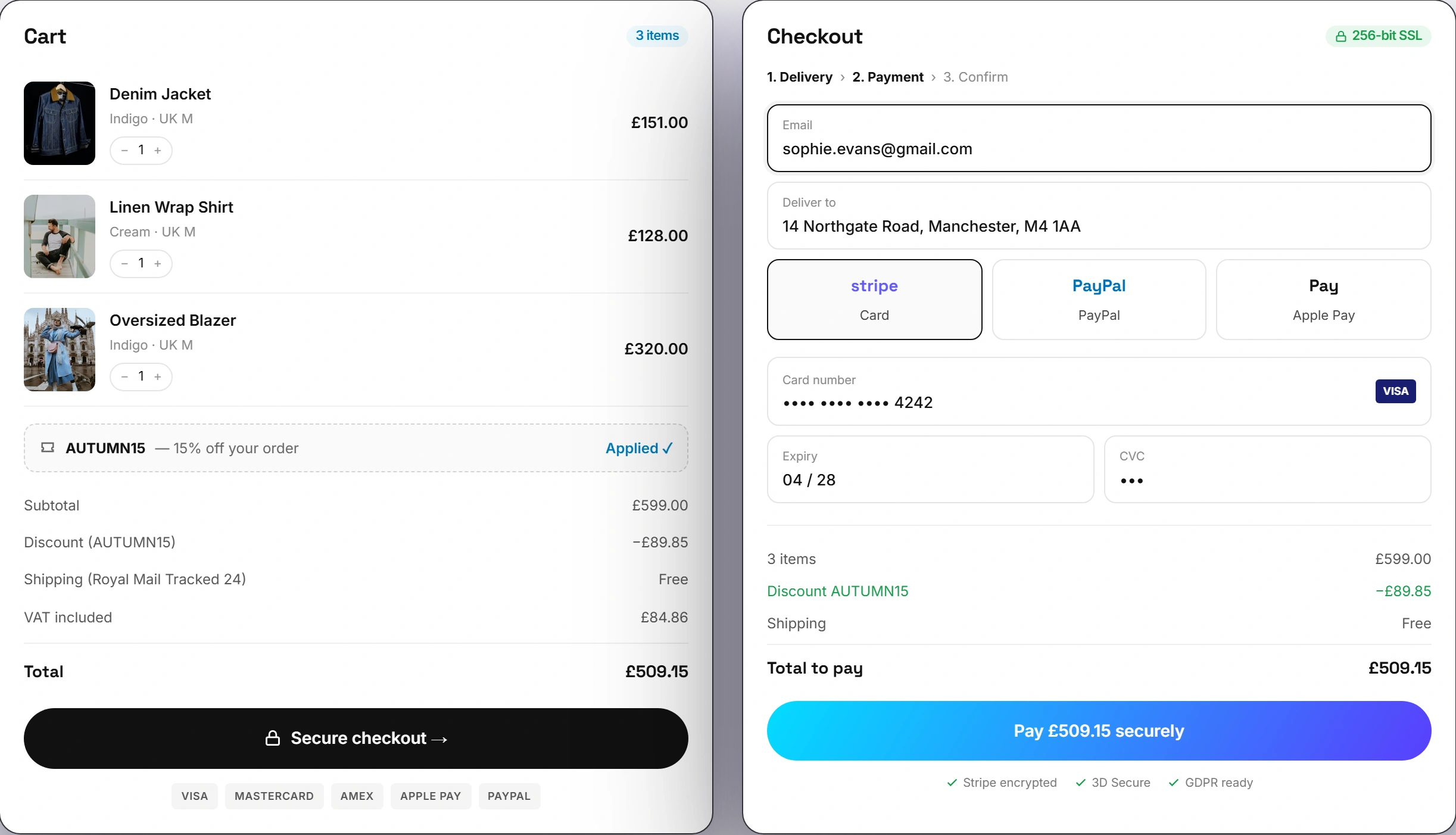 WooCommerce cart and checkout page design mockup