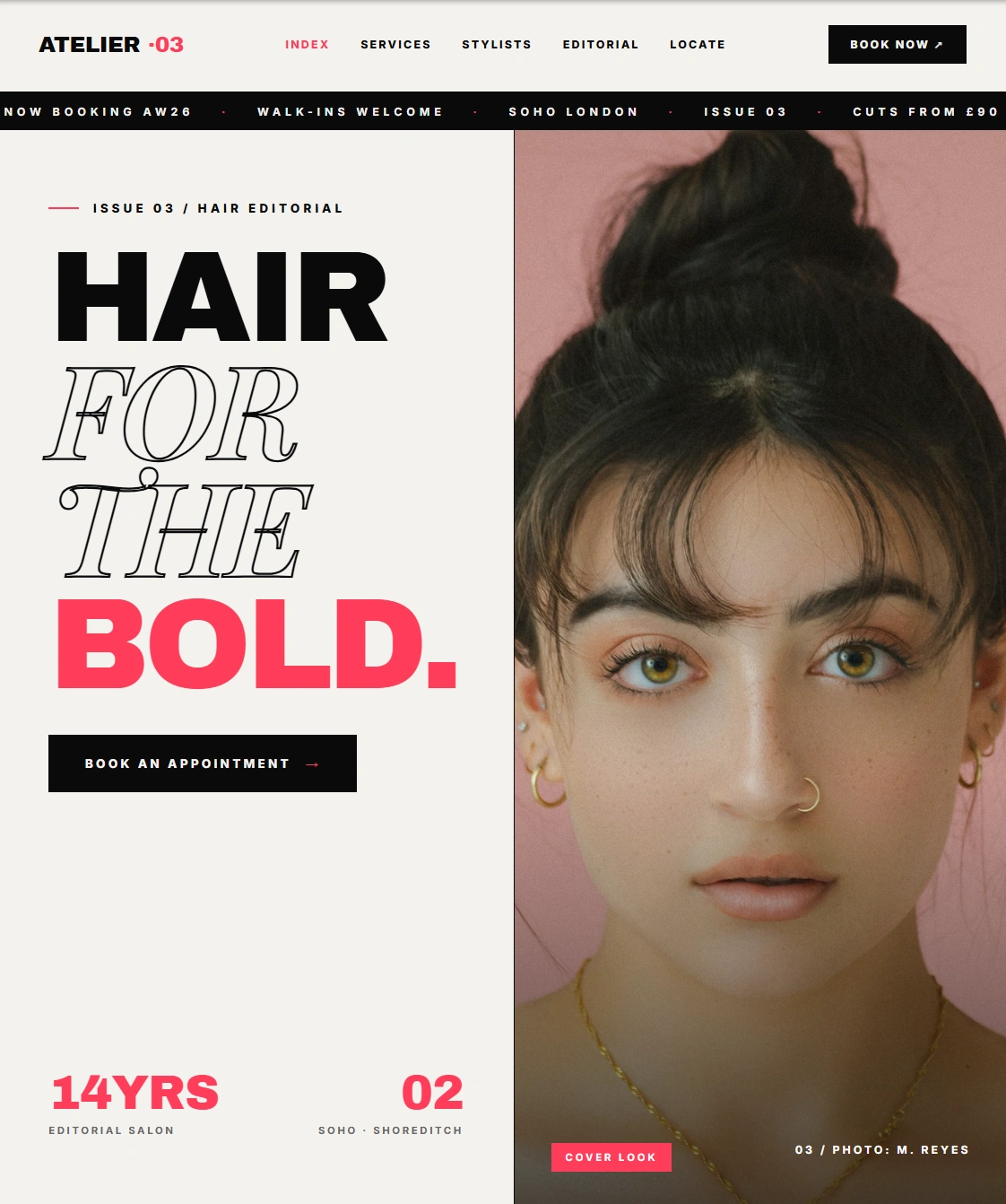 Editorial-style hair salon website with bold magazine typography and a cover-look portrait, designed for a Soho London studio