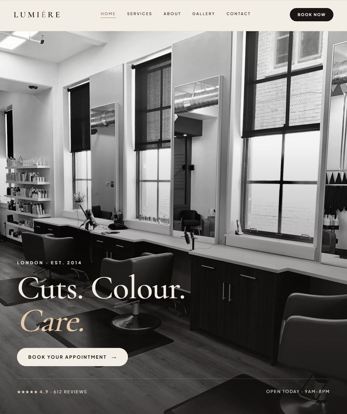 Minimalist hair salon website with black-and-white interior photography and a 4.9-star review badge for an established London salon