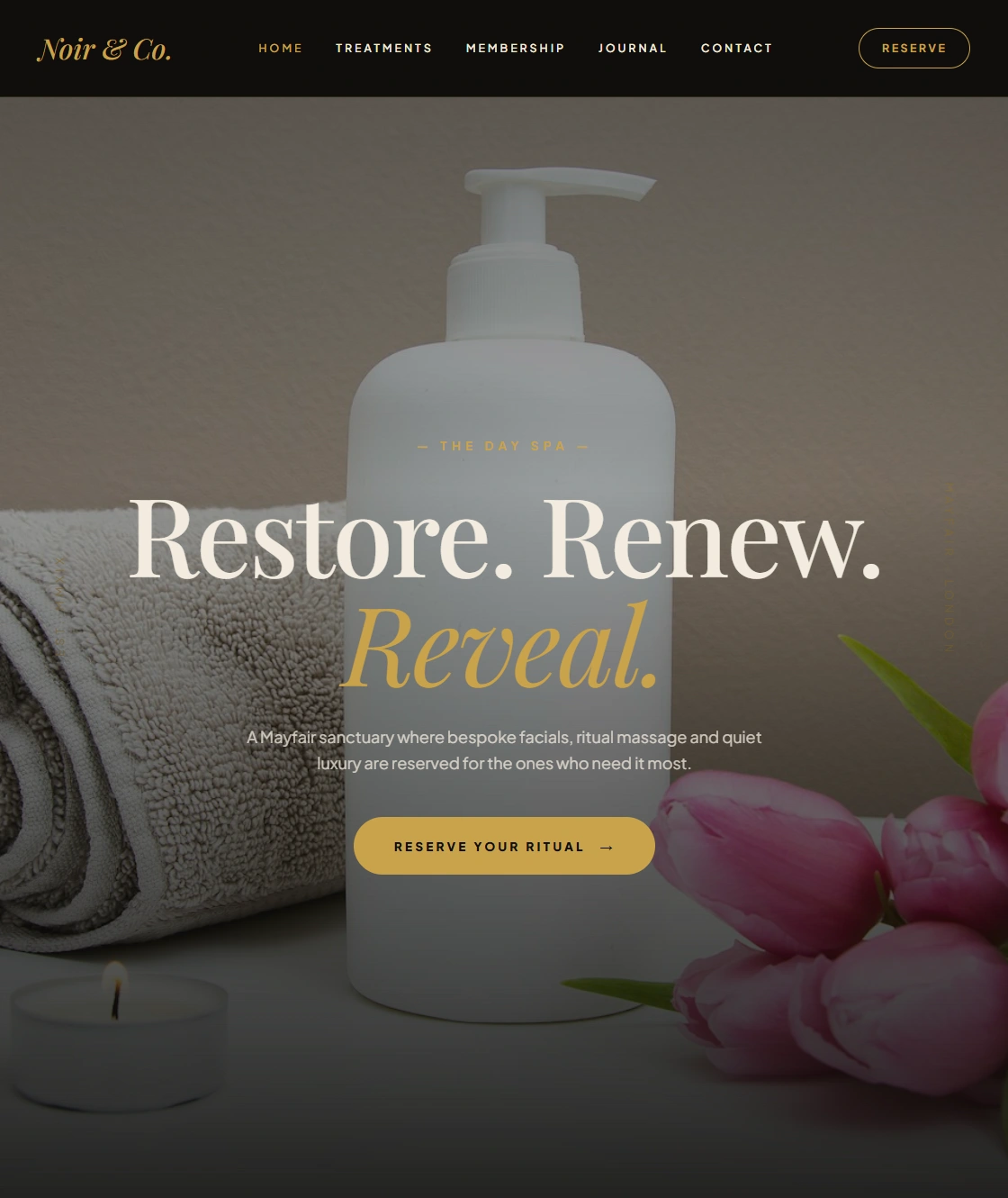 Dark and gold luxury day spa website with serif headlines and ritual-focused booking CTA for a Mayfair sanctuary