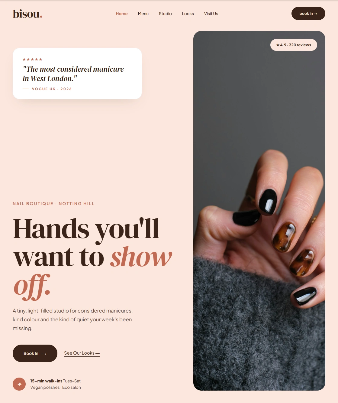 Soft pastel nail salon website with a Vogue review card and close-up manicure photography for a Notting Hill boutique