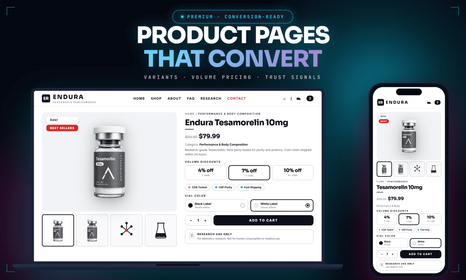 WooCommerce product page with variants, volume pricing and trust signals