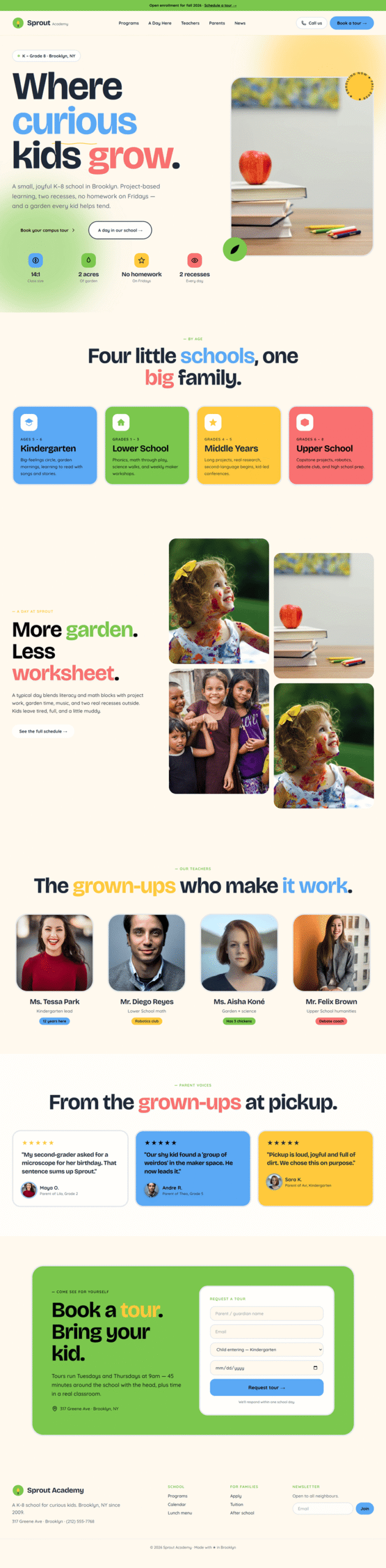 Playful K-8 private school homepage design with colourful programme blocks and family-friendly photography