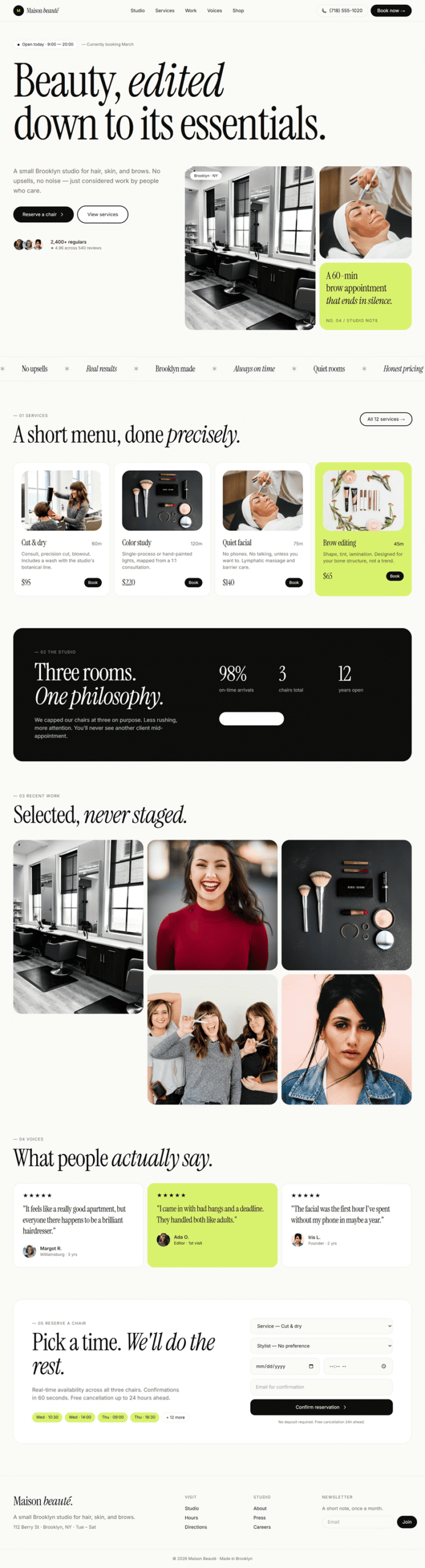 Minimalist beauty studio website mockup for Maison Beauté Brooklyn, featuring clean editorial layout, lime green accent cards, and a real-time chair reservation system — web design by Aventus Digital