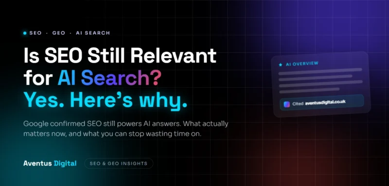 Is SEO still relevant for AI search? An AI Overview answer card citing aventusdigital.co.uk as a source.