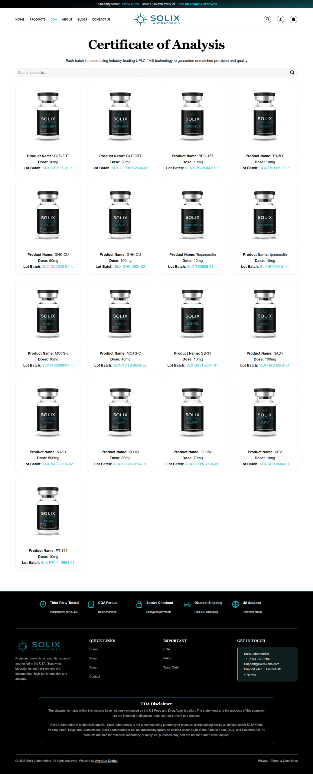 FDA Compliant Research Peptide Store- COA page