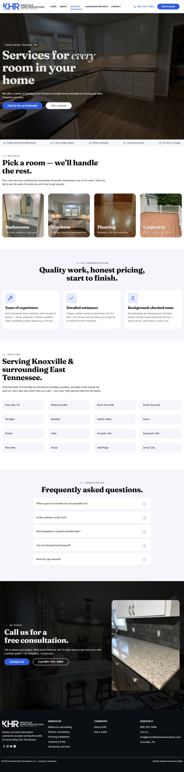 Home renovation website service pages