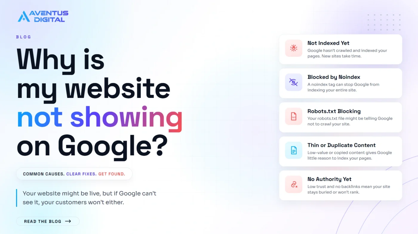 Why is my website not showing on Google Blog for Aventus Digital
