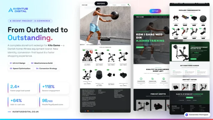 Ecommerce website redesign case study for Kilo Game showing the before and after storefront