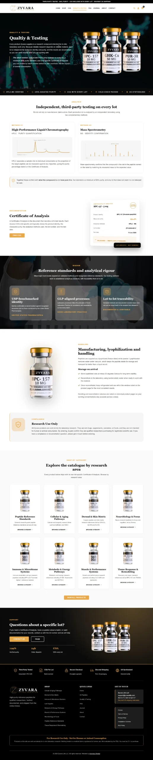 Quality and testing page preview for a research peptide website by aventus digital