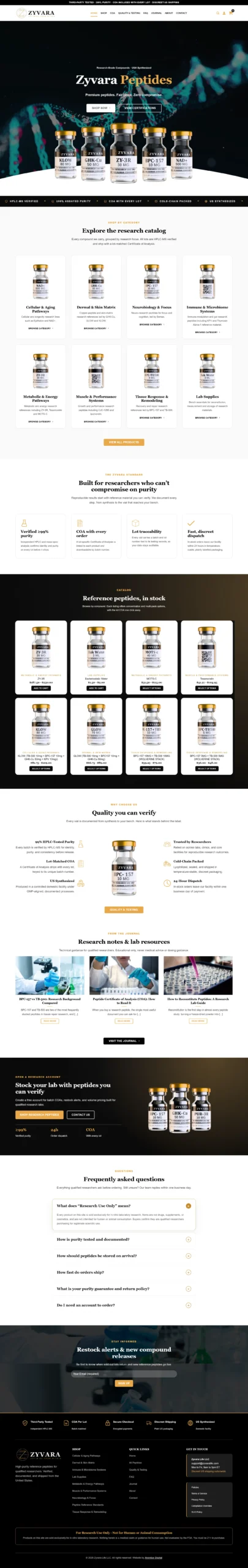 Research peptide website preview for Zyvara Labs by Aventus Digital