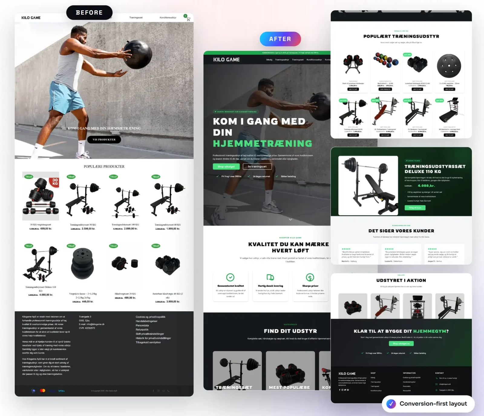 Before and after of the Kilo Game e-commerce website redesign