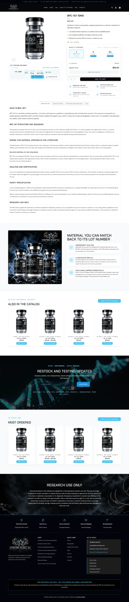 Iron Rack Labs WooCommerce research peptide product page showing lot tested vial, purity specification, quantity discounts and RUO compliance details