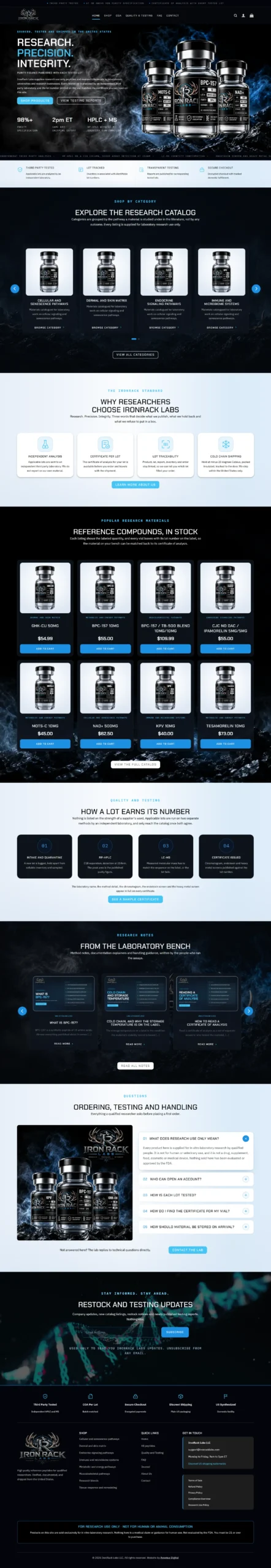 Iron Rack Labs research peptide website homepage built on WordPress and WooCommerce with dark laboratory design, purity stats and pathway-based catalogue