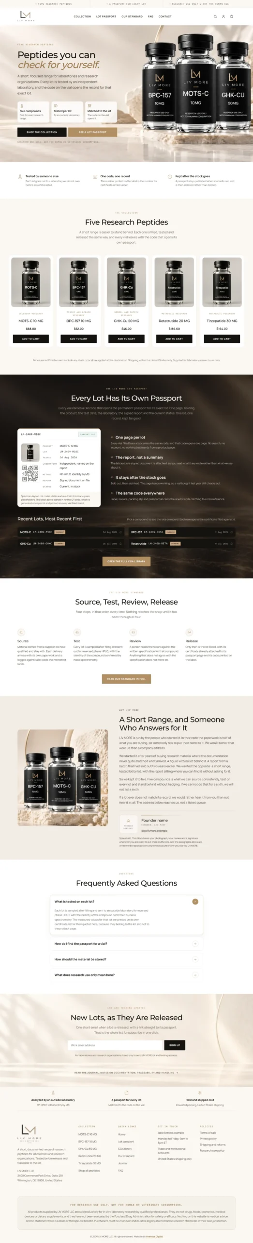 LIV More peptide website design mockup