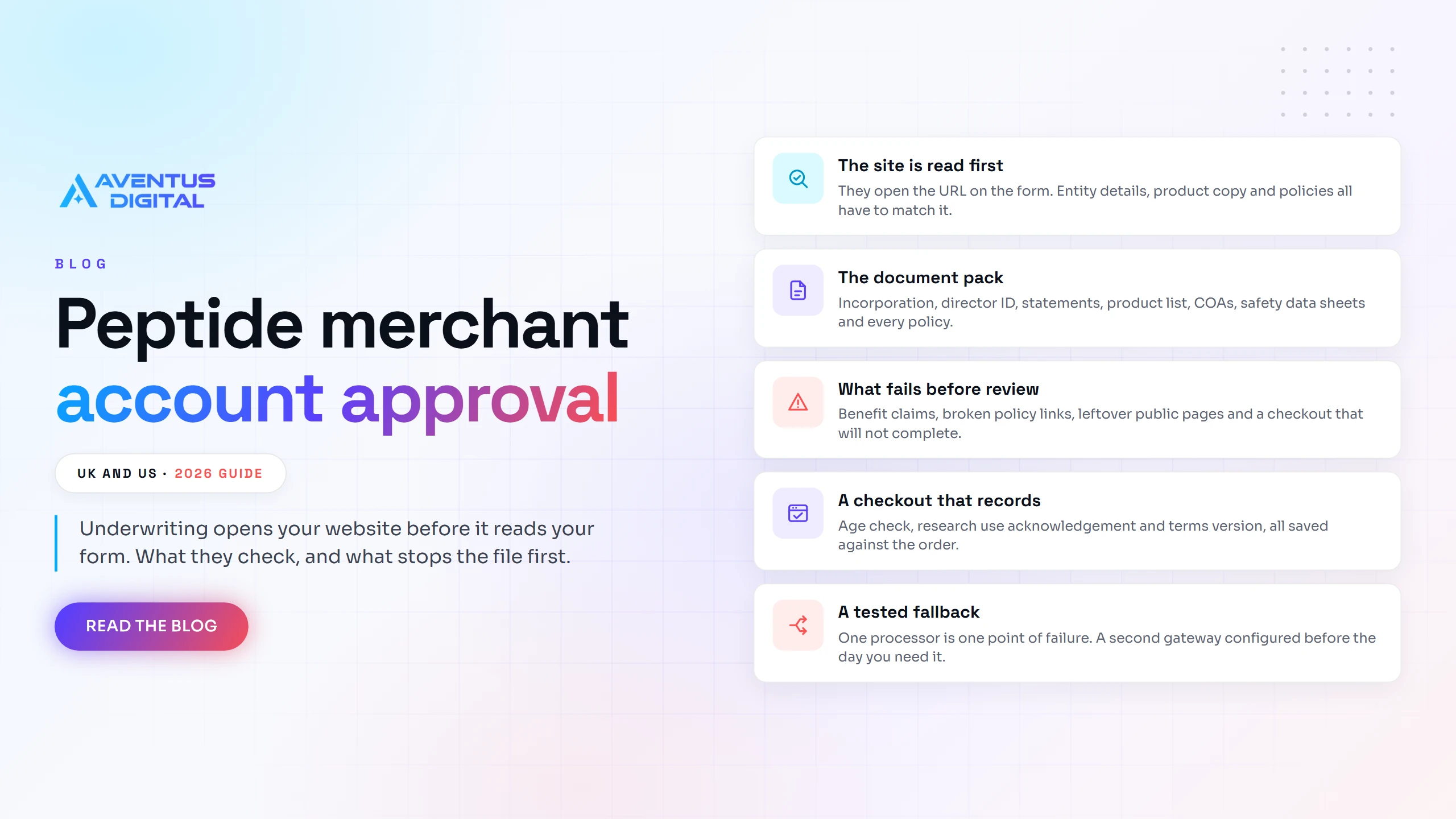Peptide merchant account approval checklist on a dark Aventus Digital panel