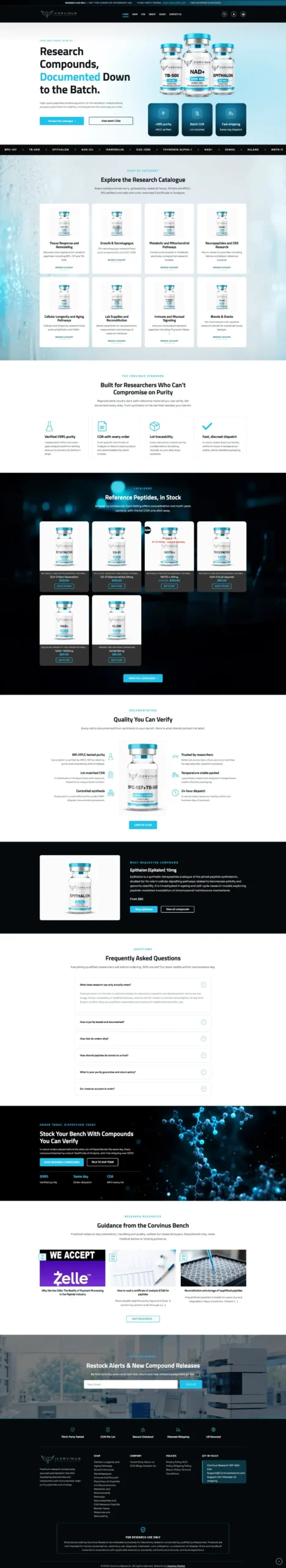 Corvinus Research peptide website homepage design by Aventus Digital