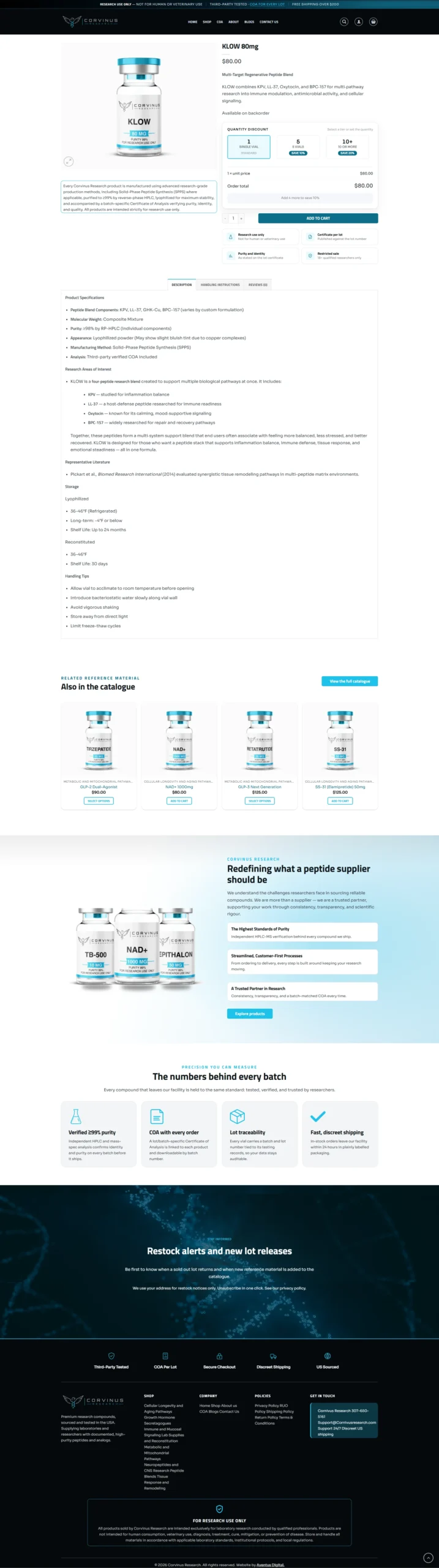 Corvinus Research peptide website product page with purity and multi pack options