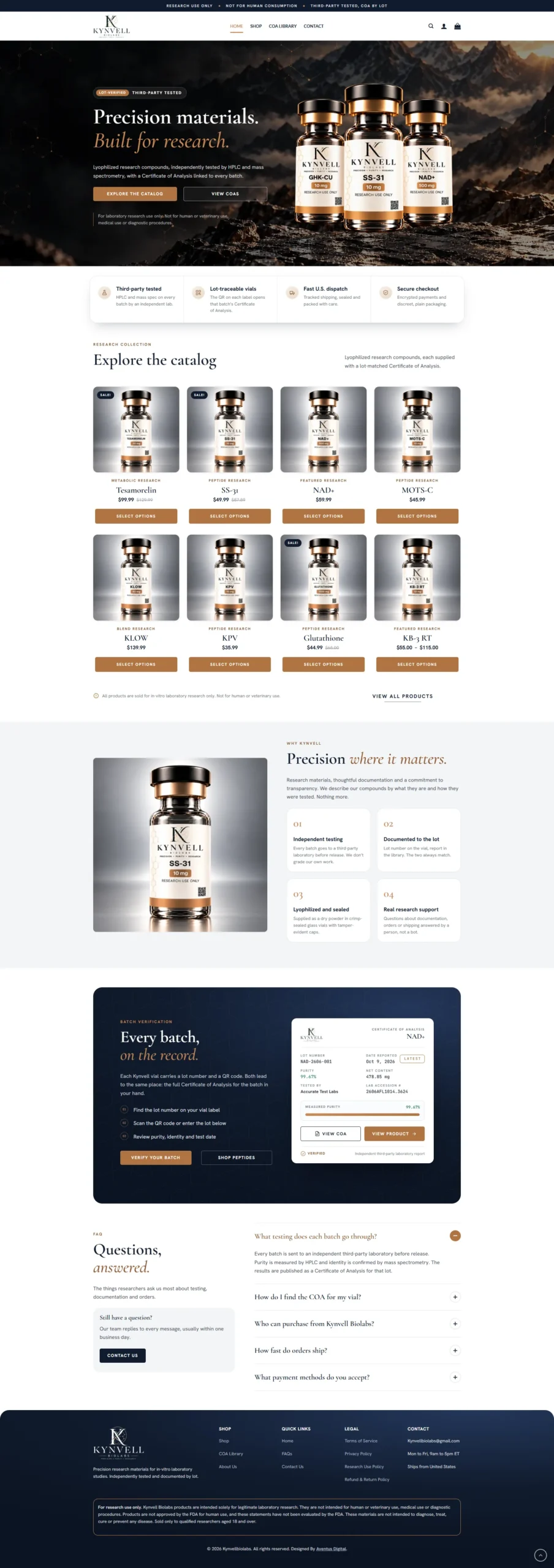 Kynvell Biolabs research peptide website homepage with live certificate of analysis card