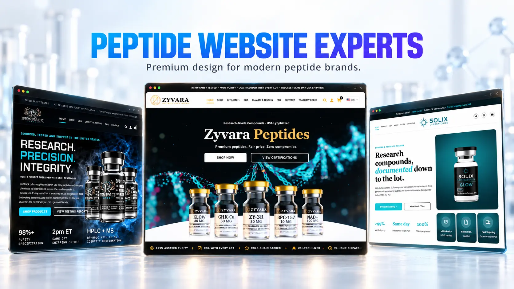 Showcase of research peptide websites built by Aventus Digital