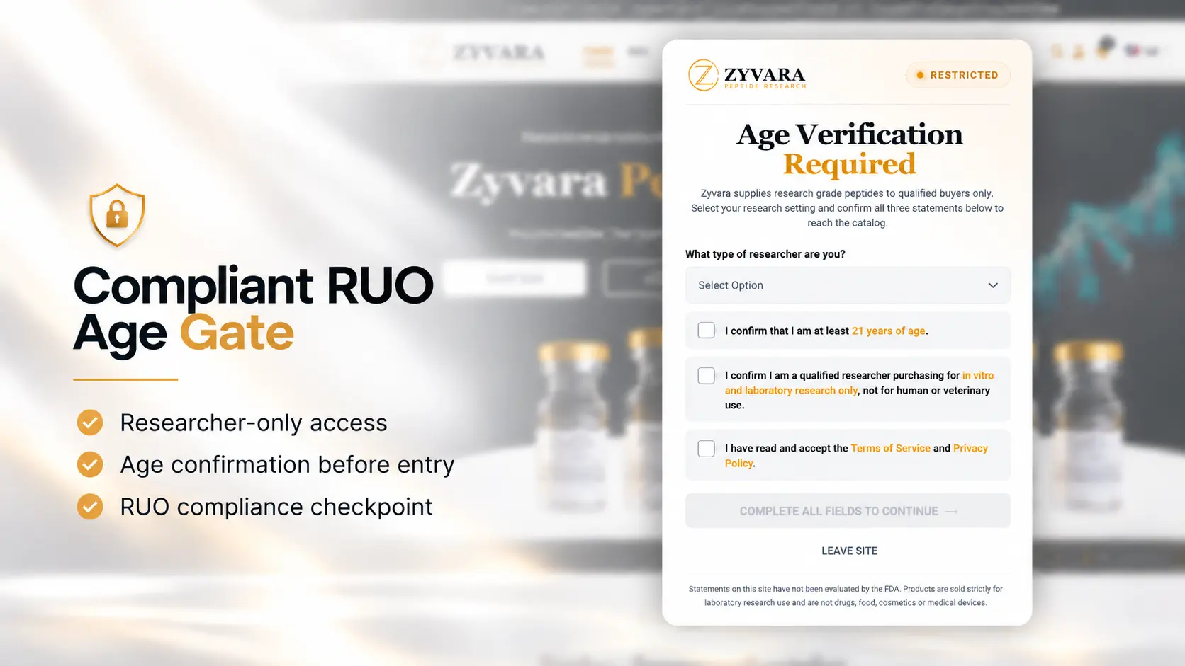Peptide website Age Gate