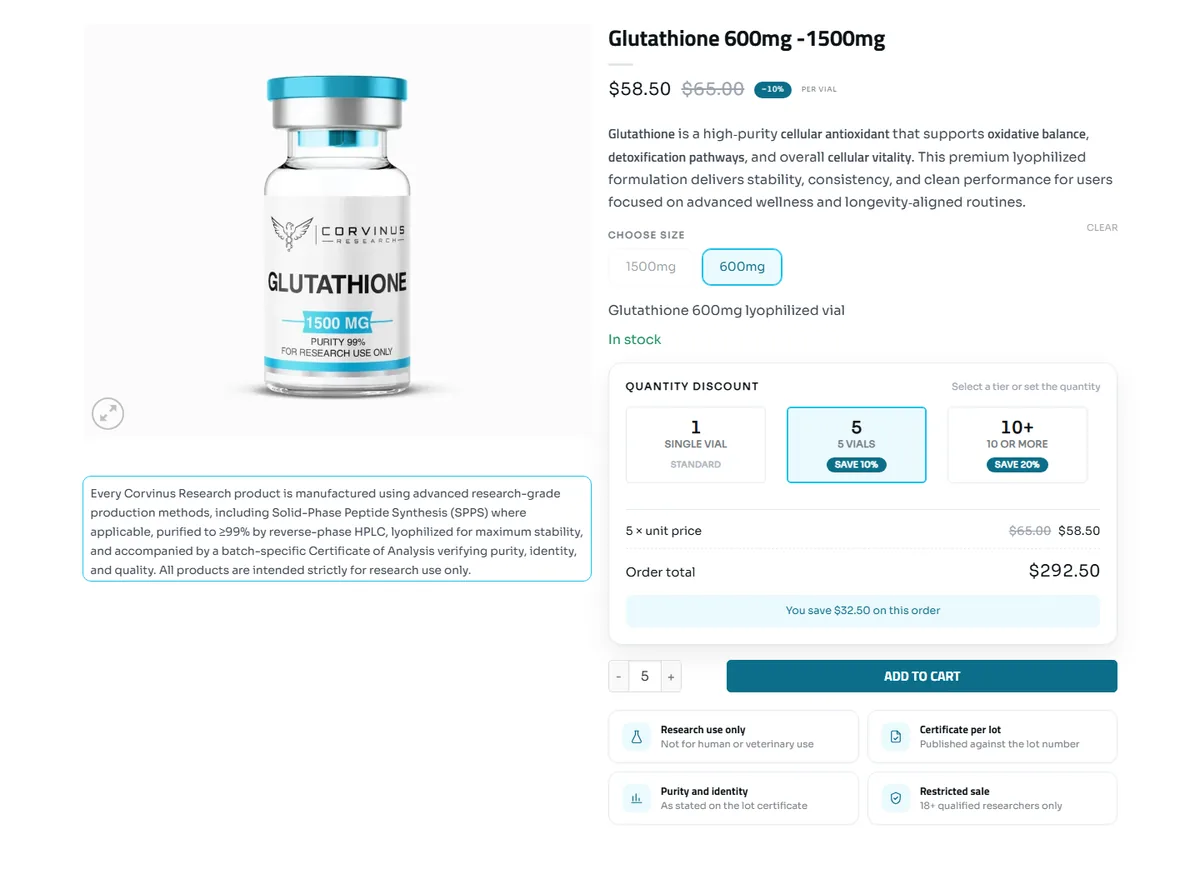 Glutathione product page: size swatches, the quantity discount box at 5 vials and the trust strip