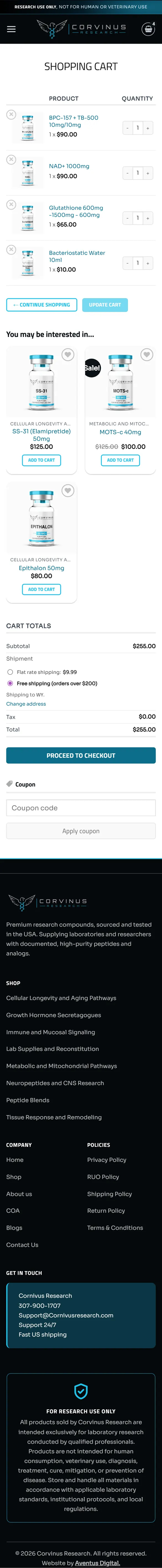 Cart page on a phone, down to the footer