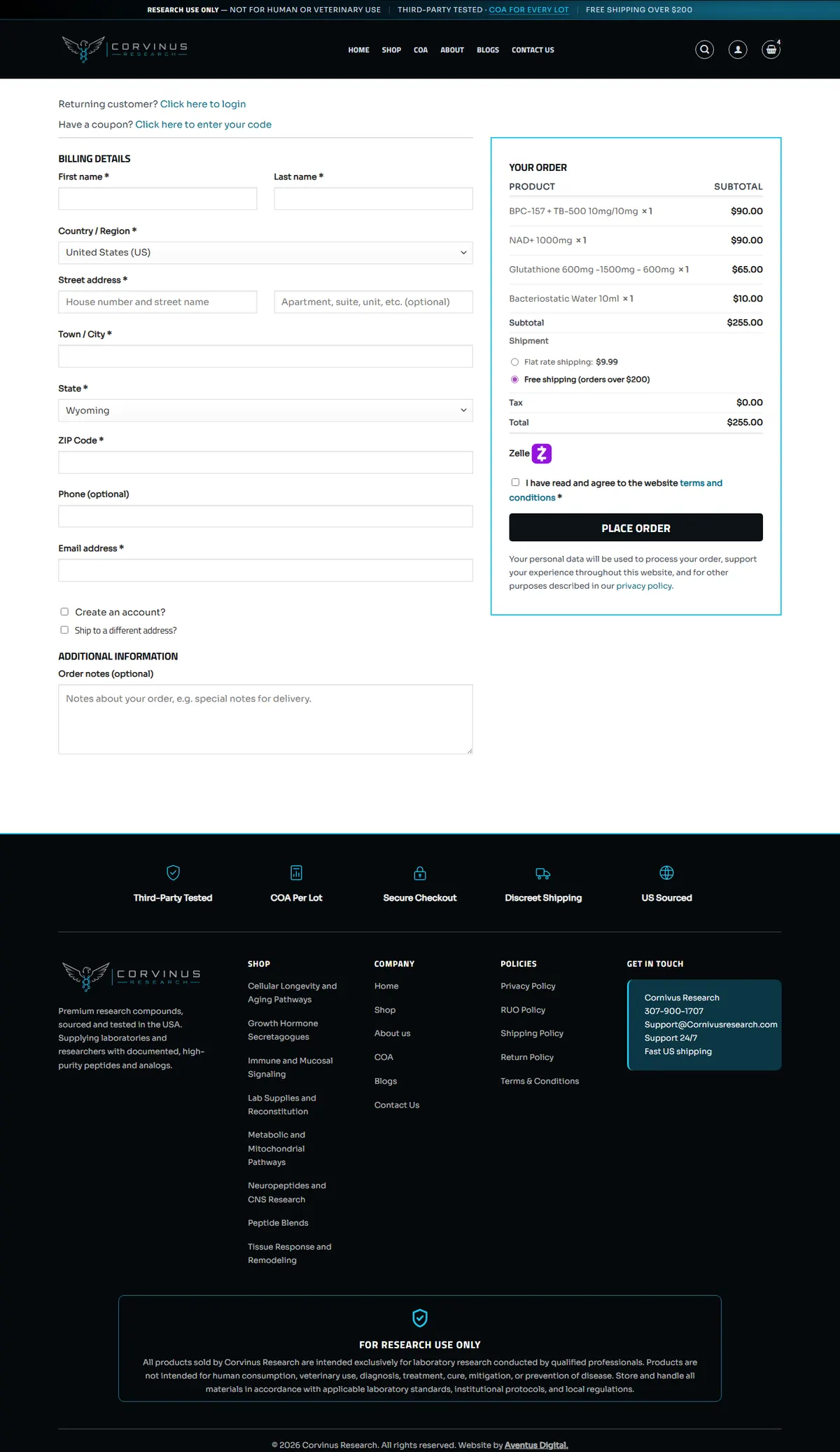 Corvinus Research checkout with the billing details and the order summary