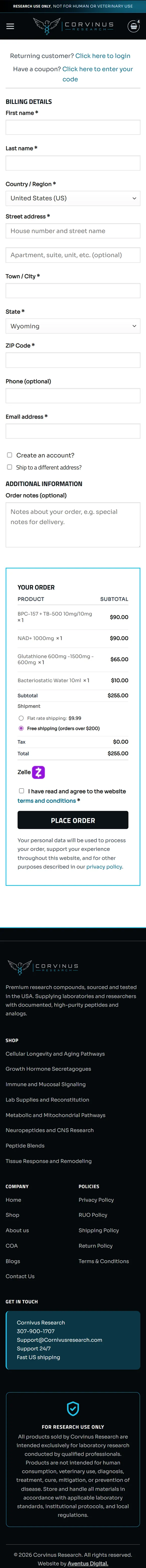 Checkout page on a phone, down to the footer