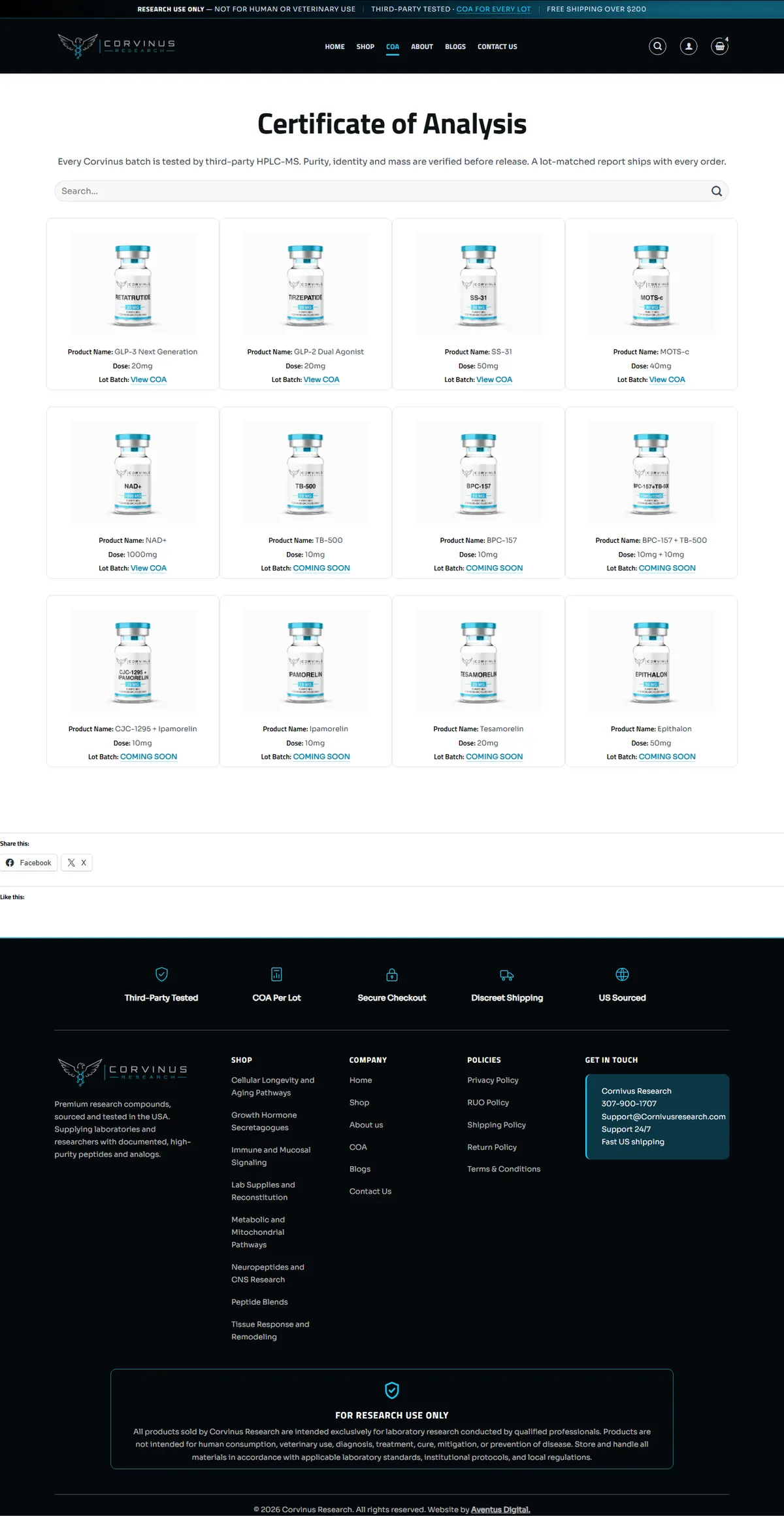 Corvinus Research COA page with a lot card for each compound