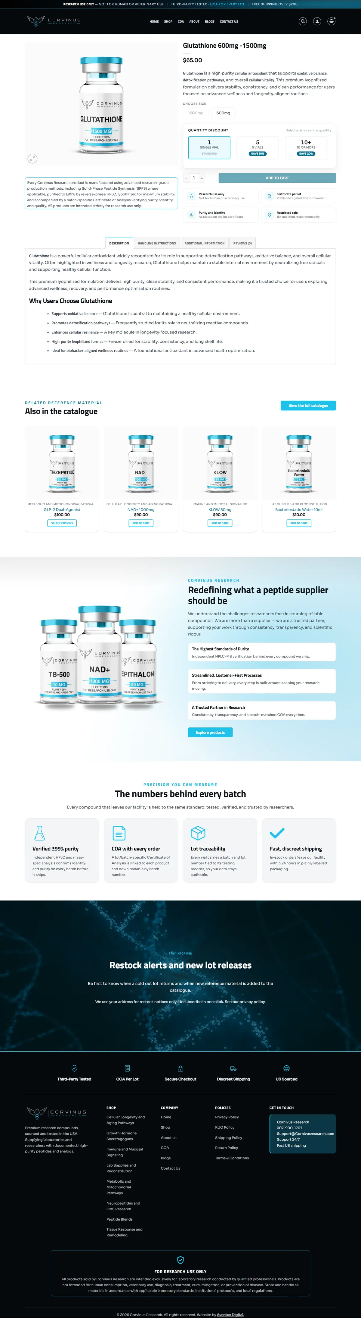 Glutathione product page with the size swatches, the quantity discount box, the trust strip and the product tabs