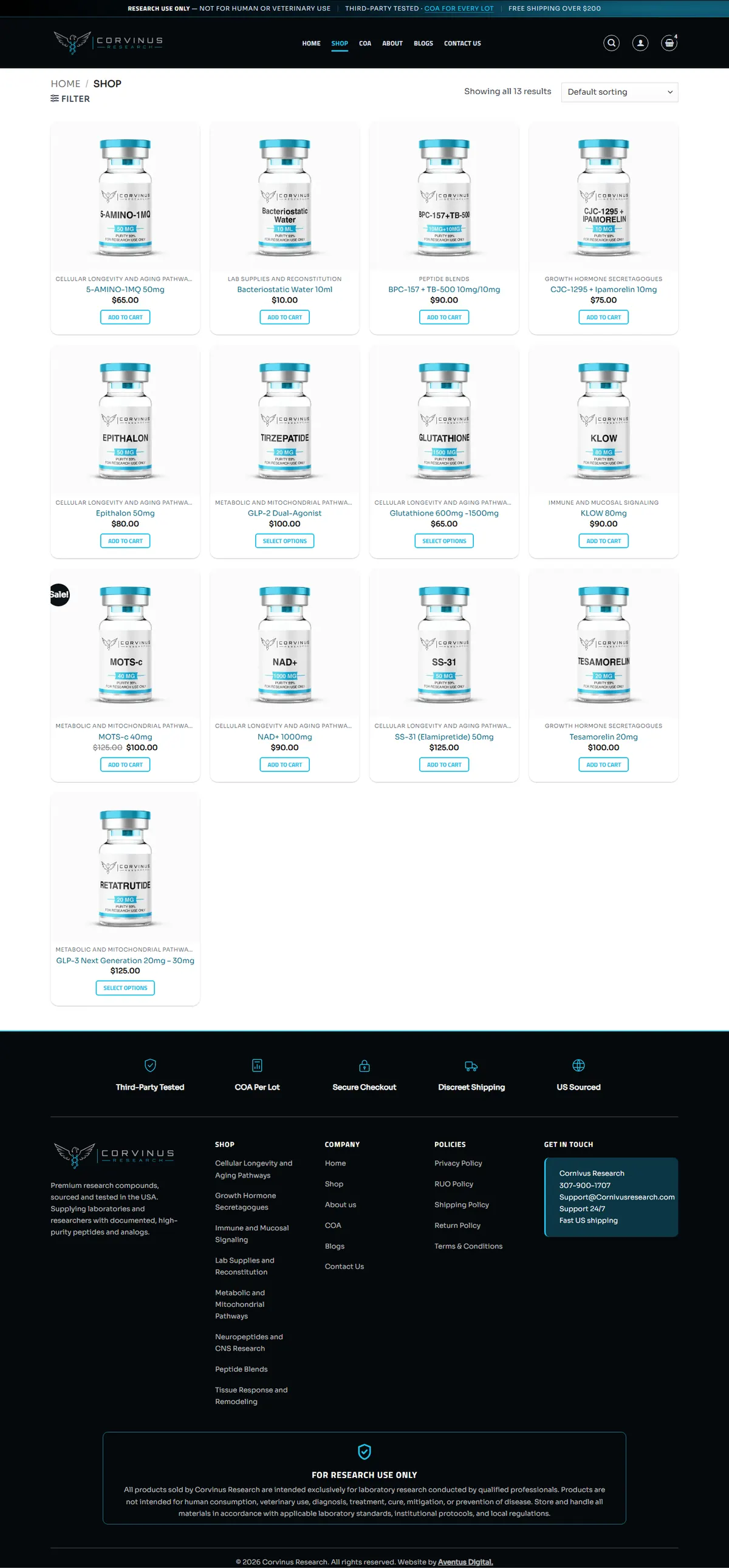 Corvinus Research shop page with every research compound, blend and lab supply