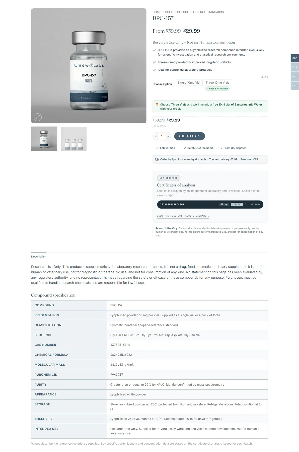 BPC-157 product page: trust strip, dispatch line, lot report pills and the compound specification table