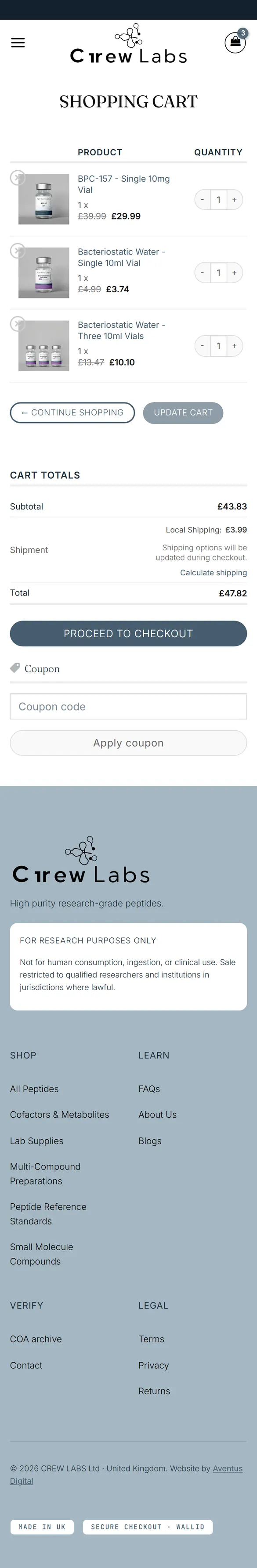 Cart page on a phone, down to the footer