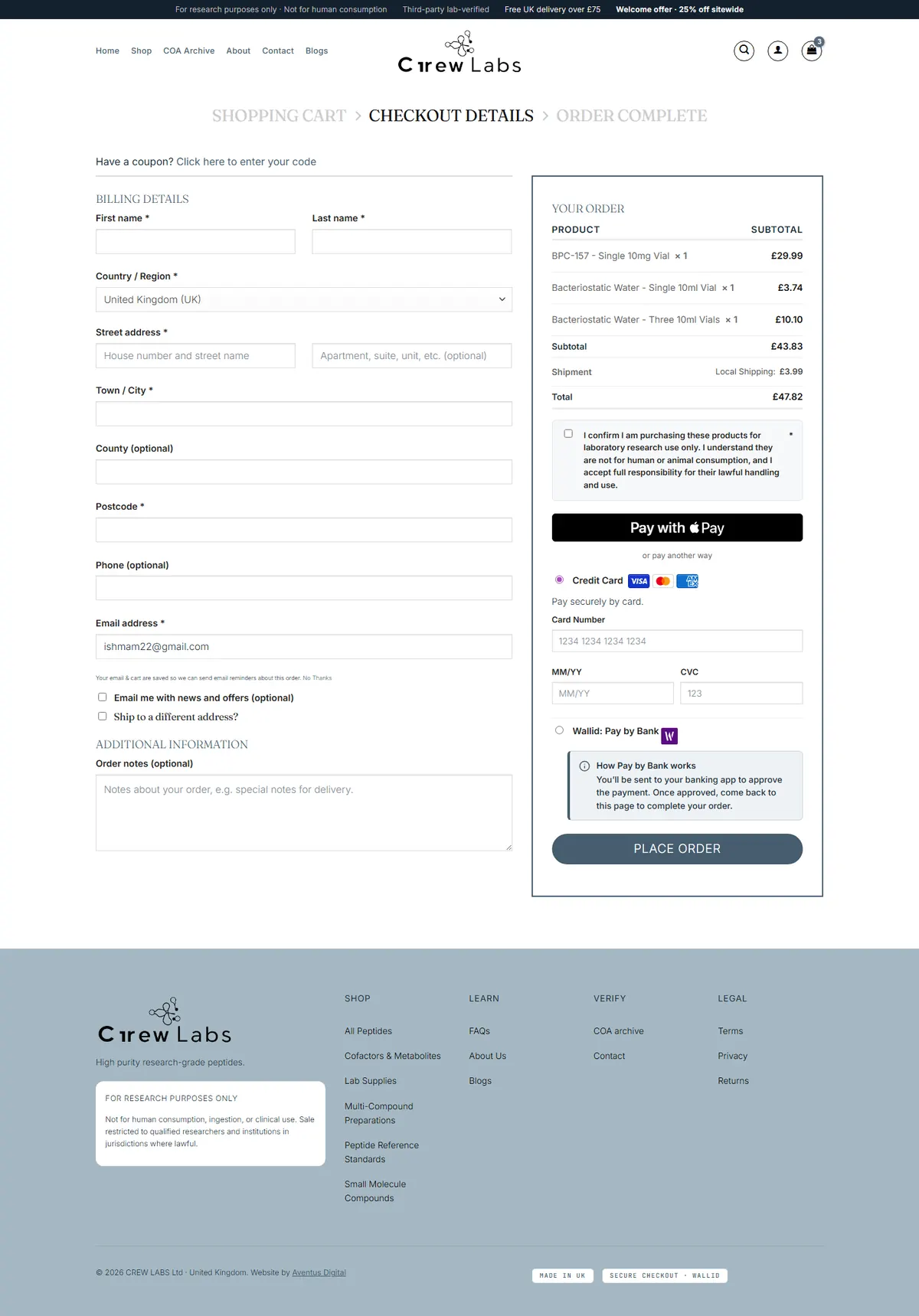 Crew Labs checkout with the billing details, order summary and payment section