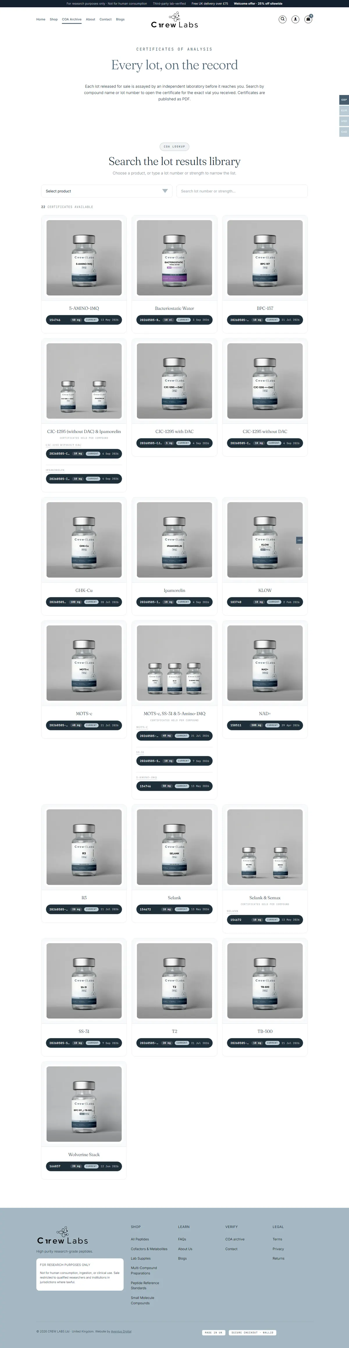 Crew Labs COA lookup: choose a product or search by lot number or strength, above the lot certificate cards