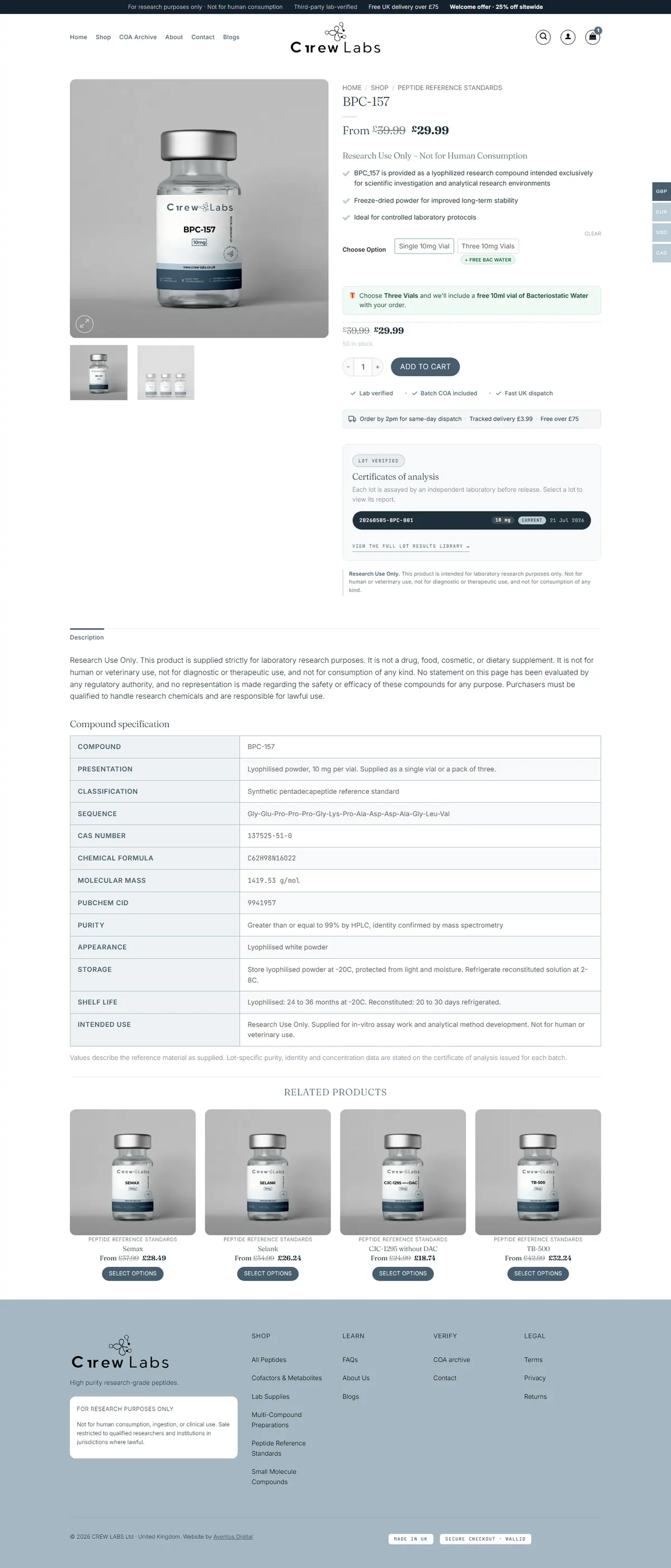 BPC-157 product page with the trust strip, lot report pills and the compound specification table