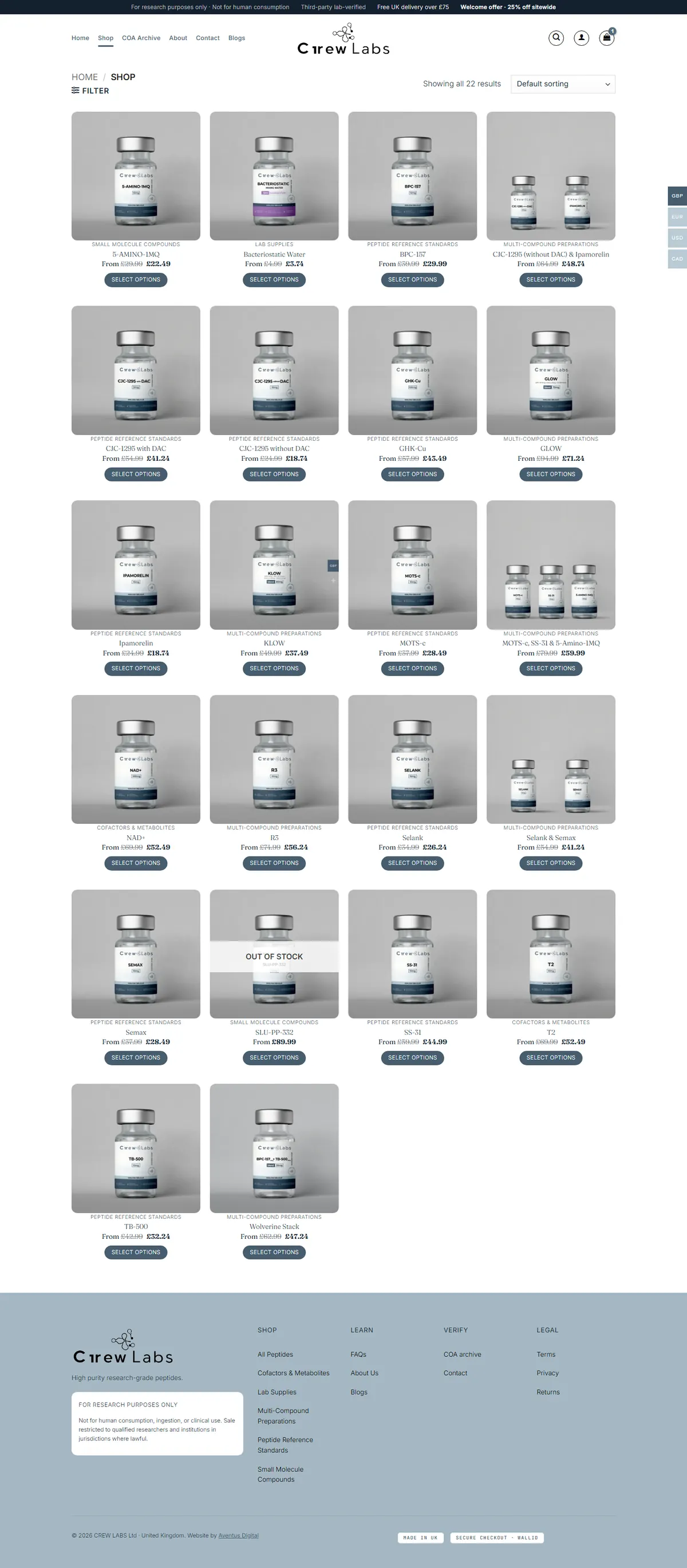 Crew Labs shop page with the research compound grid and footer