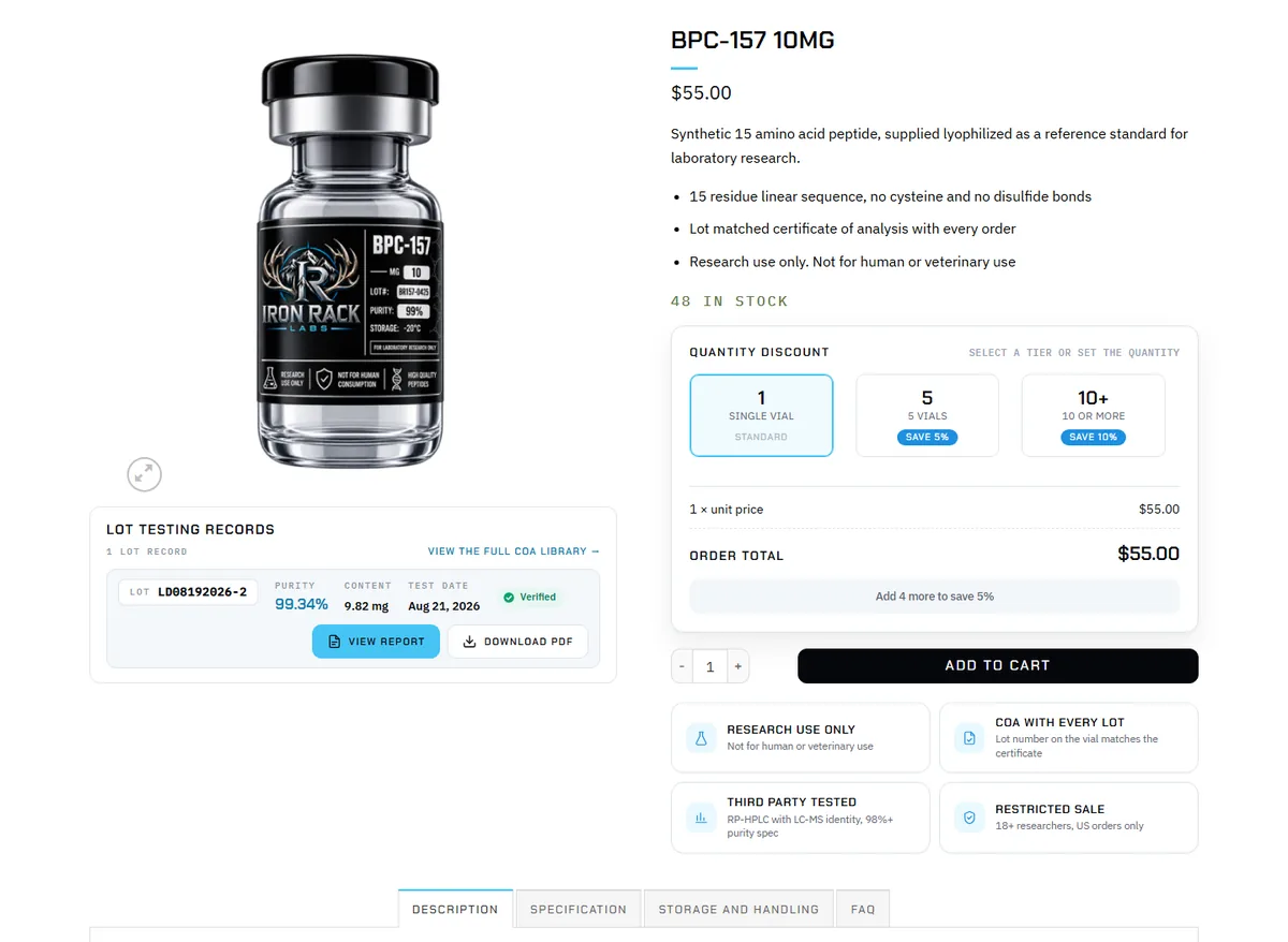BPC-157 product page: quantity discount box, lot testing record, trust tiles and the specification tabs