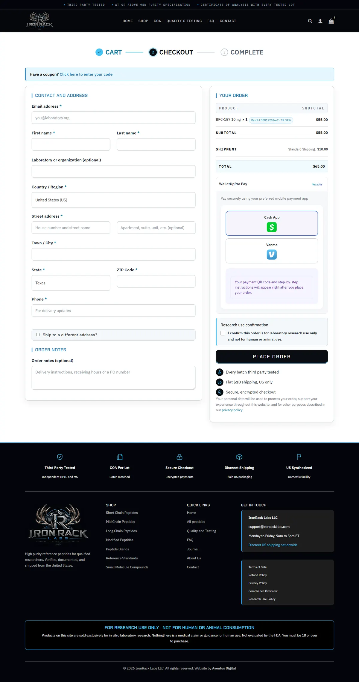 Iron Rack Labs checkout with Cash App and Venmo payment tiles and the research use confirmation above Place order