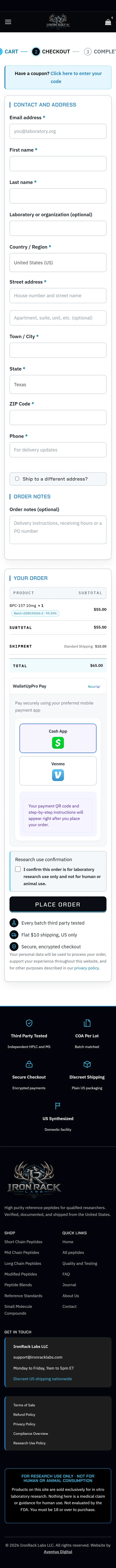 Checkout page on a phone, down to the footer