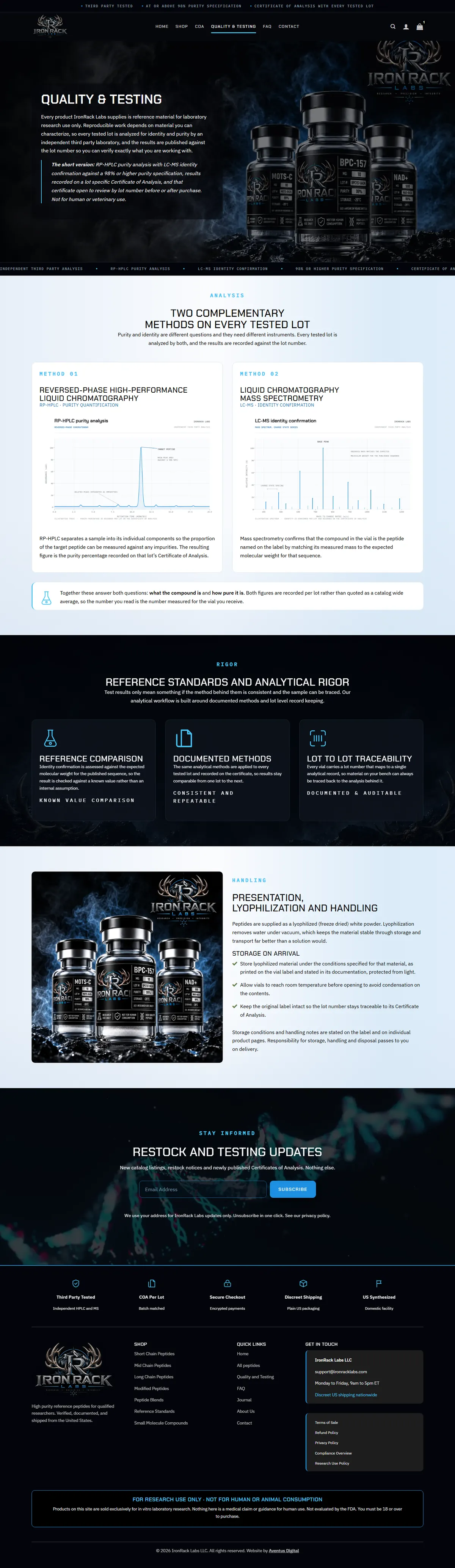 Iron Rack Labs Quality and Testing page: RP-HPLC and LC-MS methods, reference standards and handling