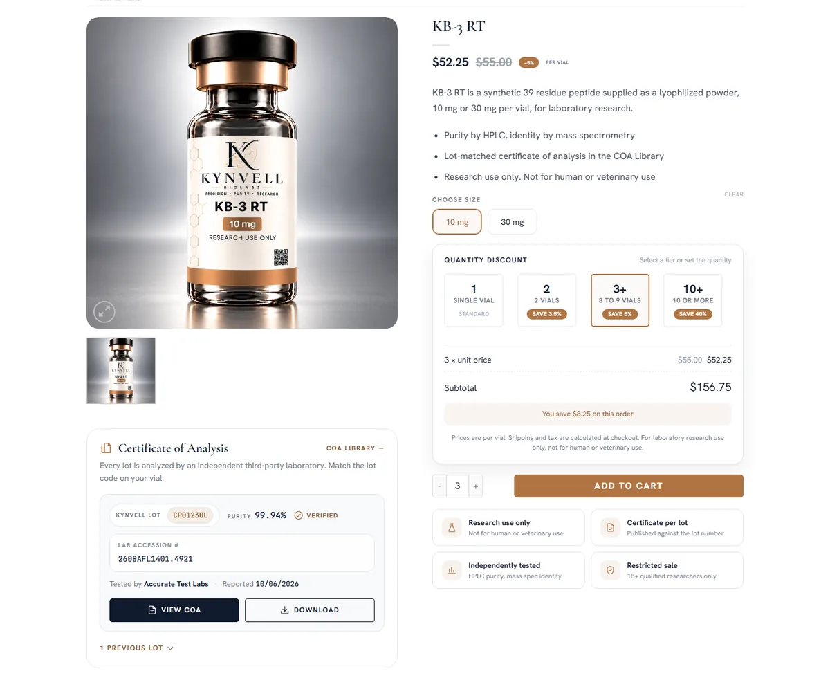 KB-3 RT product page: the quantity discount box at three vials, the certificate panel and the trust strip