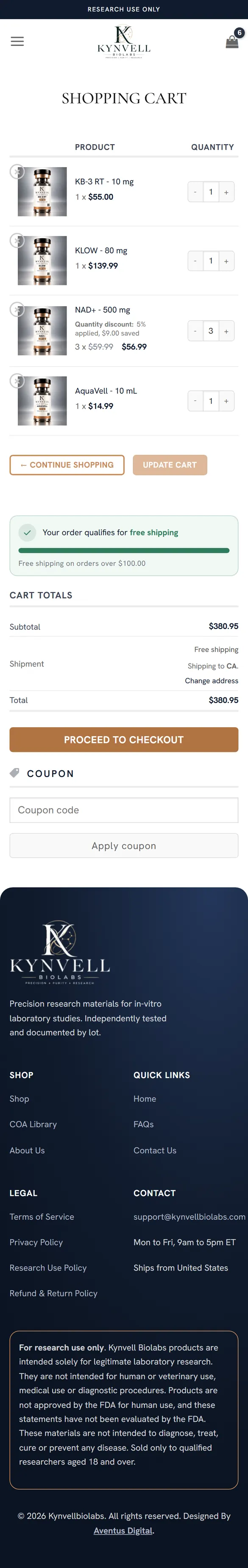 Cart page on a phone, down to the footer