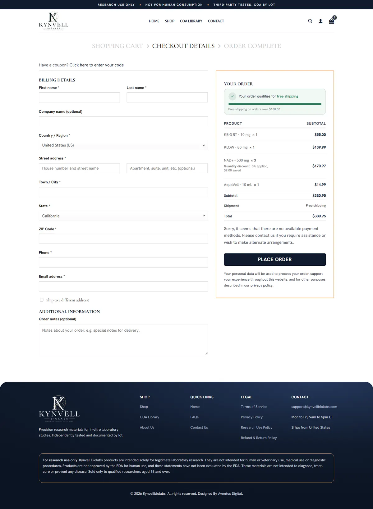 Kynvell Bio Labs checkout with the billing details and the order summary