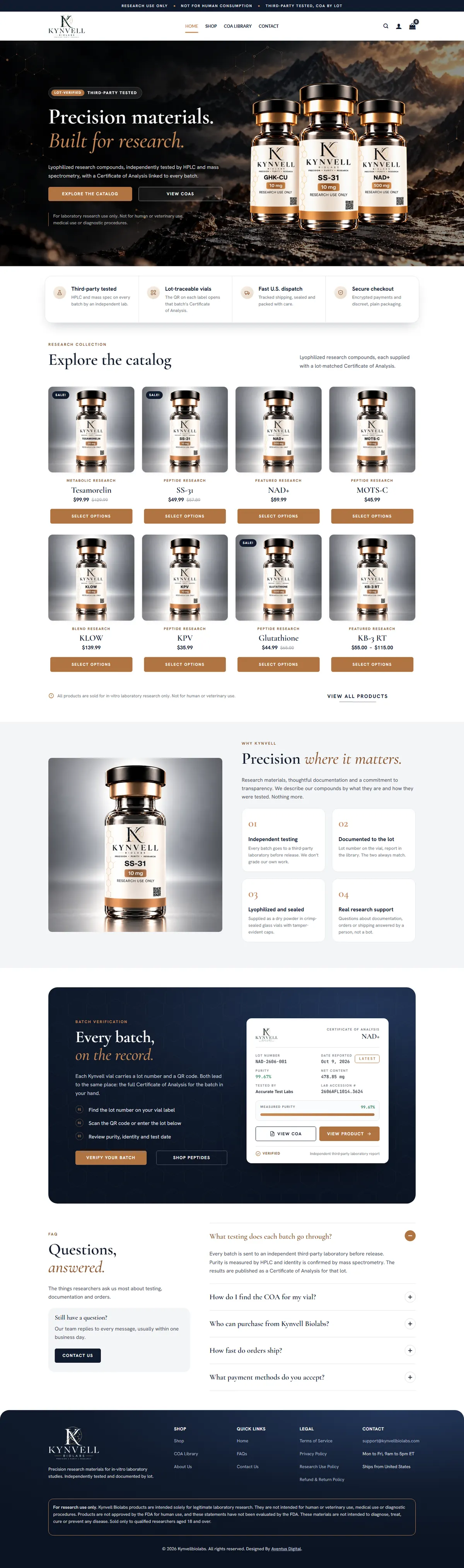 Full Kynvell Bio Labs homepage: hero, trust bar, research collection, reasons, batch verification with the latest certificate, FAQ and footer
