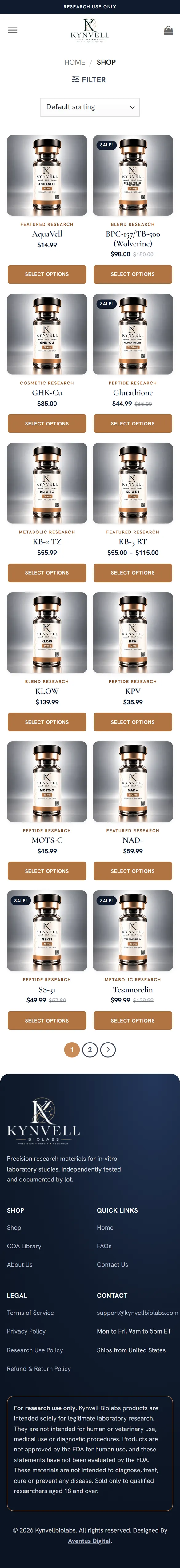 Shop page on a phone, down to the footer