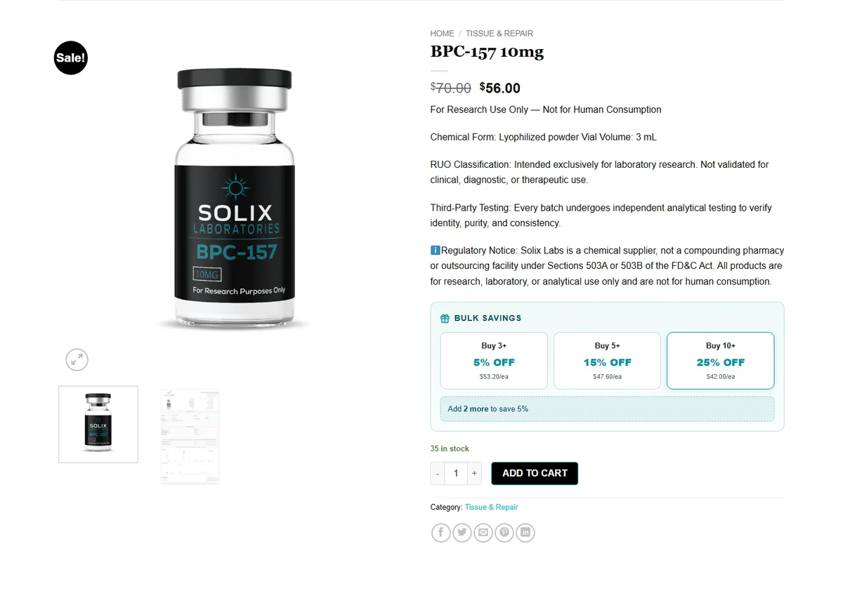 BPC-157 10mg product page: research use rows, regulatory notice and the bulk savings box