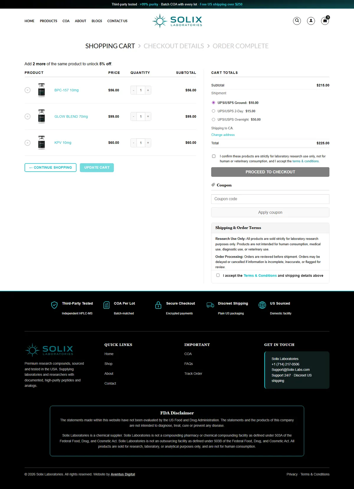 Solix Labs cart with BPC-157, GLOW BLEND and KPV, the cart totals and the Shipping and Order Terms box