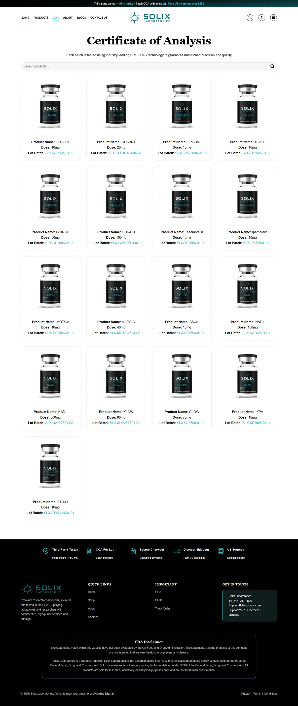 Solix Labs COA lookup: search above the lot cards, each with product, dose and lot number
